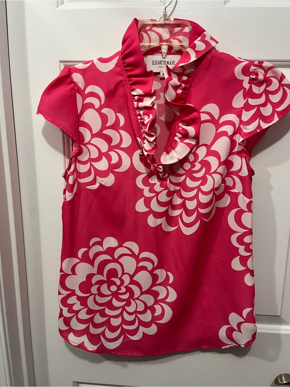 Elizabeth McKay Hot Pink and White Ruffle Front Blouse